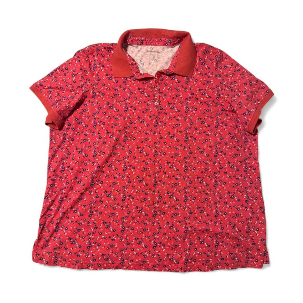 Woman Within Women Polo Shirt Size 2X Red Floral Collared Cotton Short Sleeve